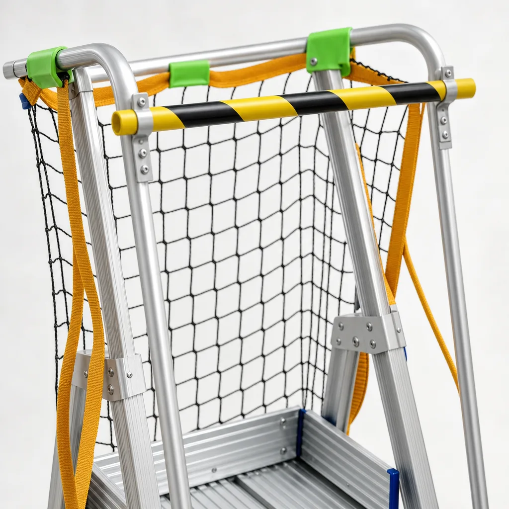 Foldable Aluminum Safety Platform Ladder with Mesh Enclosure Cage