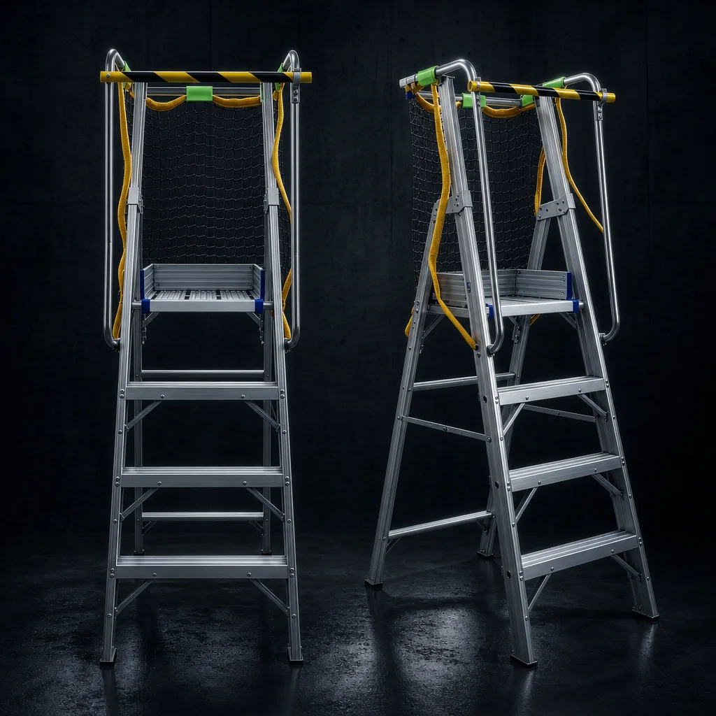 Foldable Aluminum Safety Platform Ladder with Mesh Enclosure Cage - Image 2 Foldable Aluminum Safety Platform Ladder with Mesh Enclosure Cage - Image 2