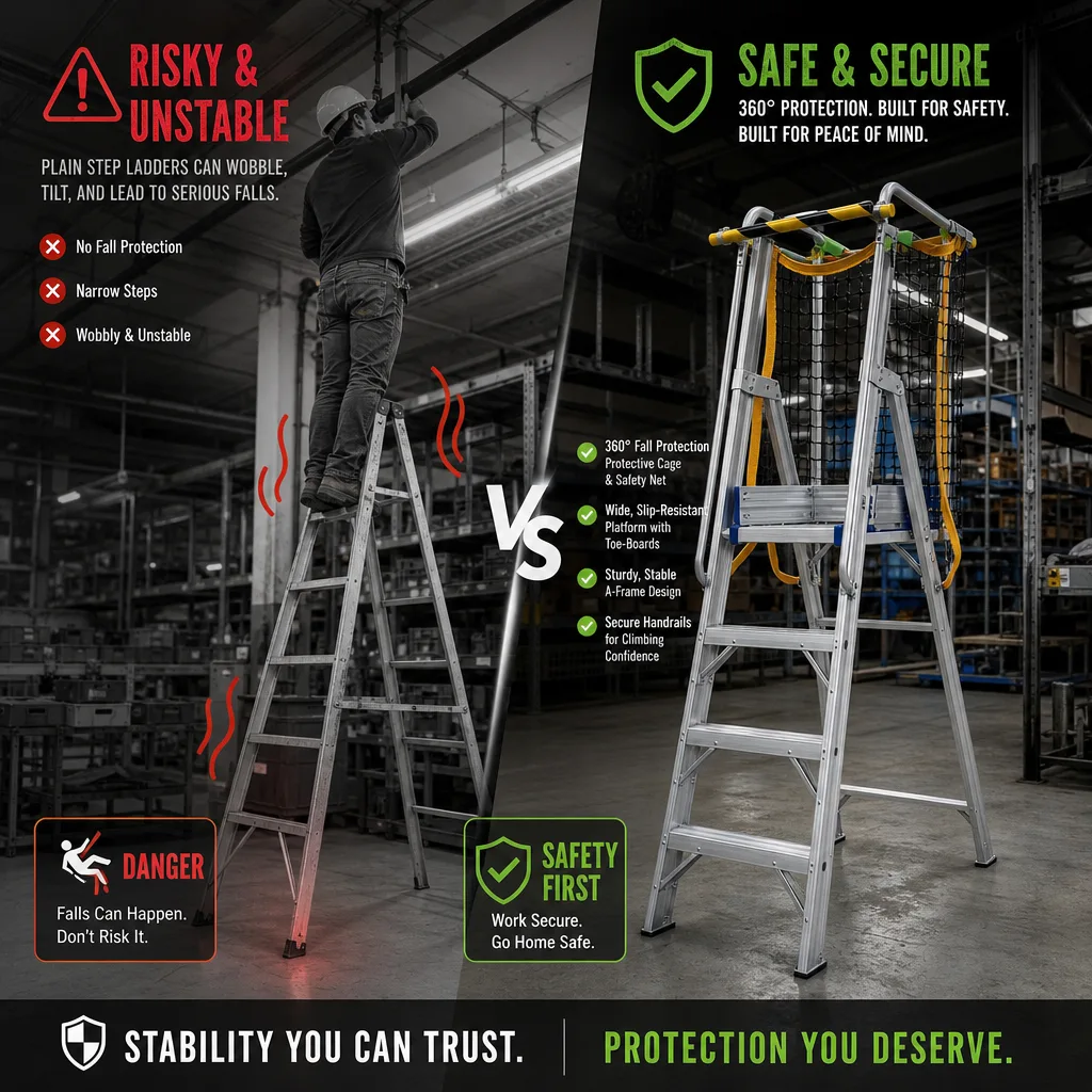 Foldable Aluminum Safety Platform Ladder with Mesh Enclosure Cage - Image 3 Foldable Aluminum Safety Platform Ladder with Mesh Enclosure Cage - Image 3